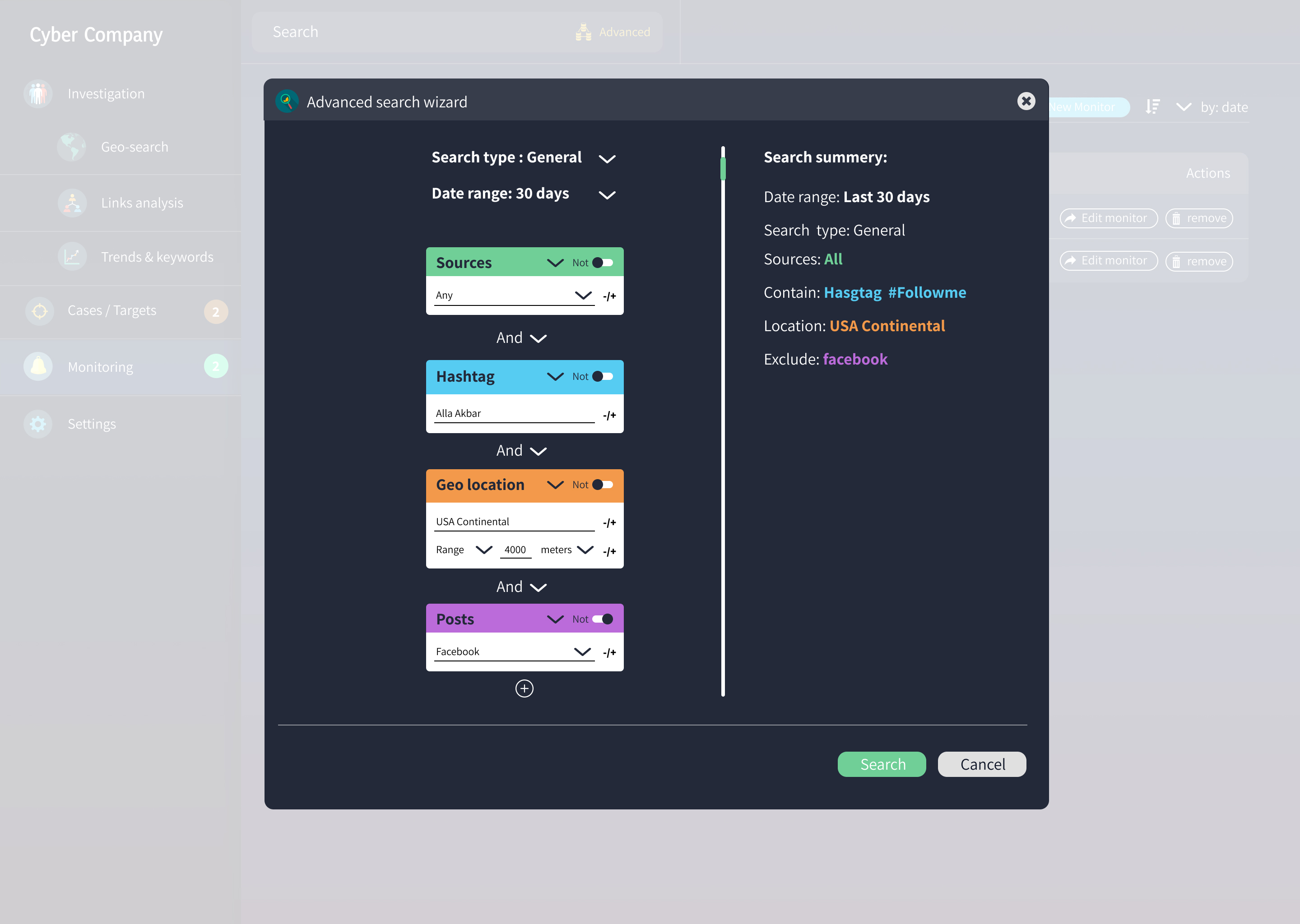 Advanced search wizard: stacked filter blocks for sources, hashtag, geo location and posts, with a live search summary beside them.