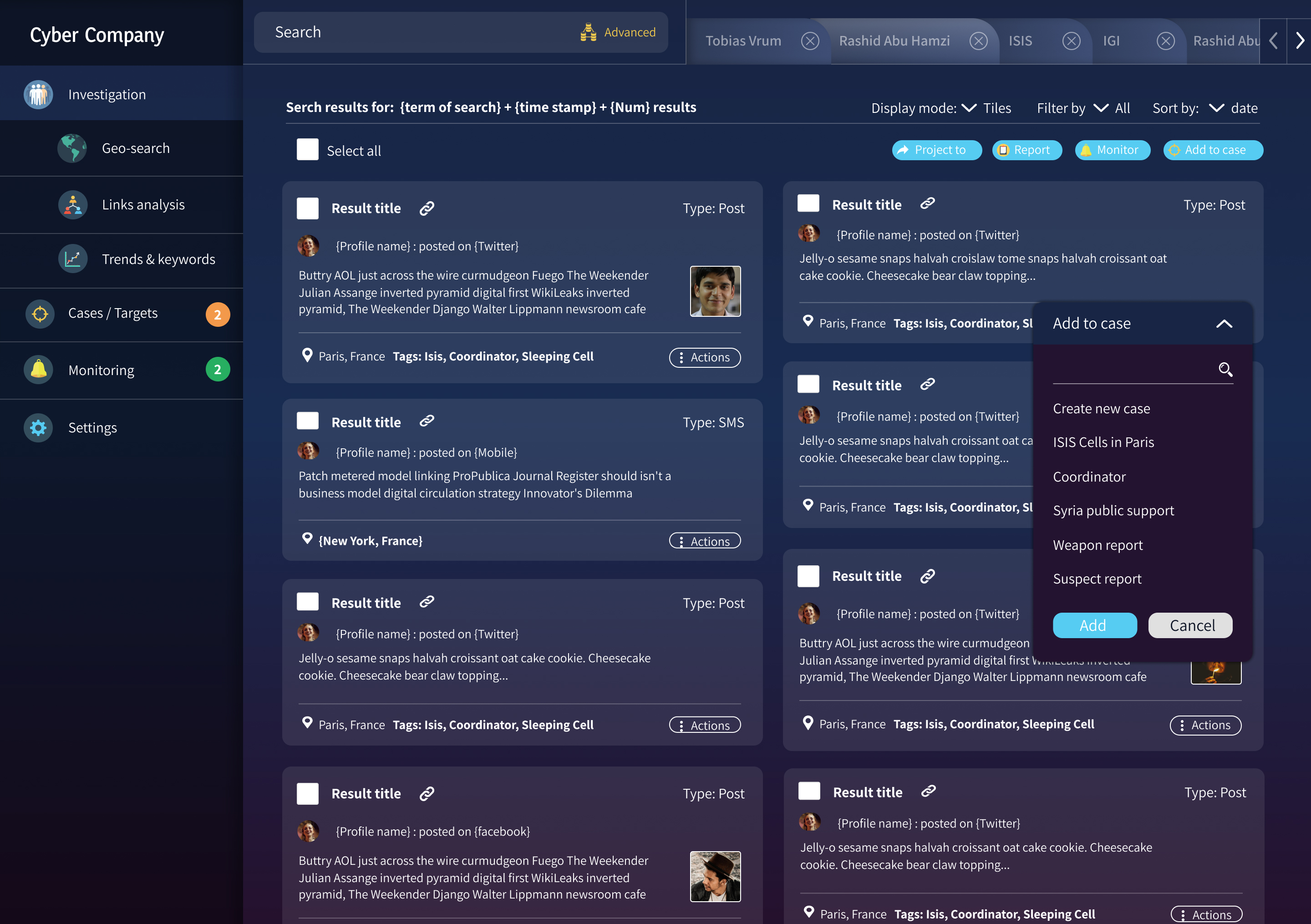Investigation screen in tile view: search results as cards showing profile, source and location, with an Add to case panel open.